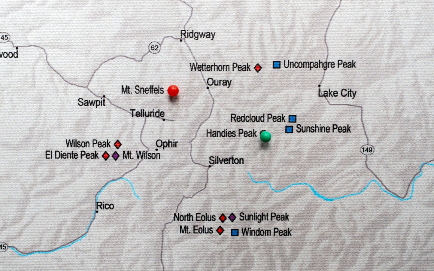 Colorado Fourteeners - Push Pin Map - Pin Trail Maps