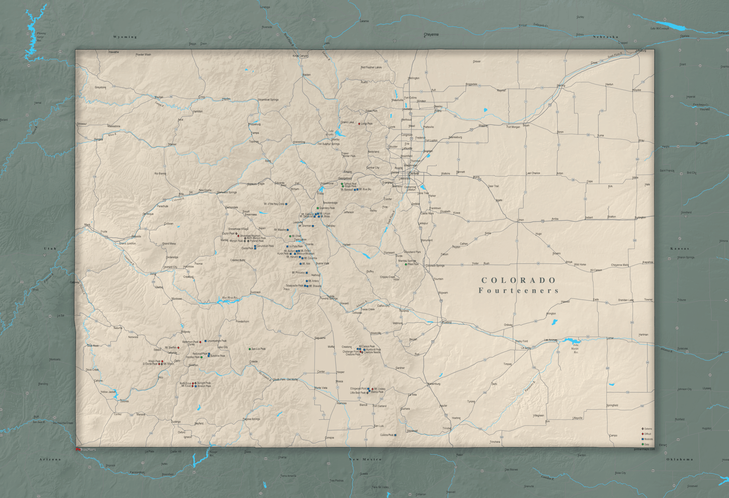 Colorado Fourteeners - Push Pin Map - Pin Trail Maps