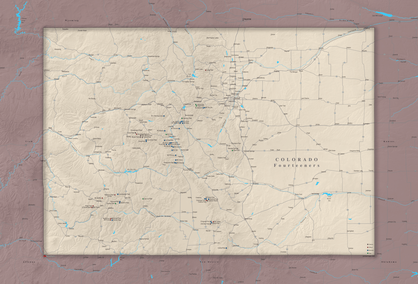 Colorado Fourteeners - Push Pin Map - Pin Trail Maps