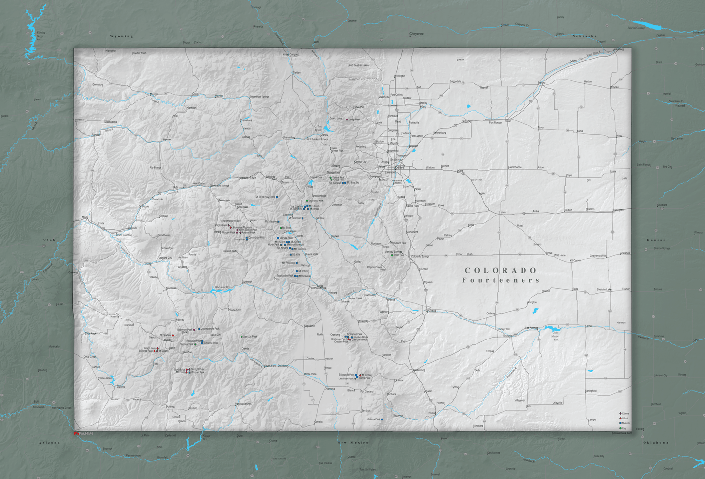 Colorado Fourteeners - Push Pin Map - Pin Trail Maps