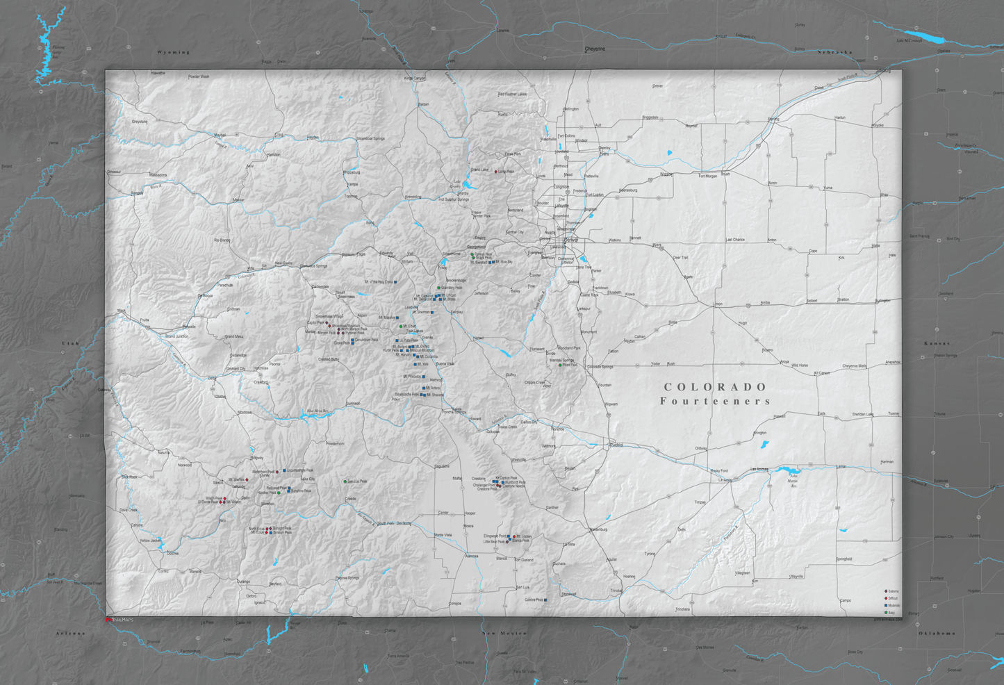 Colorado Fourteeners - Push Pin Map - Pin Trail Maps